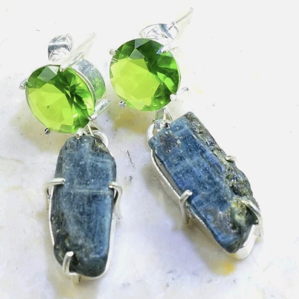 New Peridot and Rough Kyanite Silver Stud Dangle Earrings.